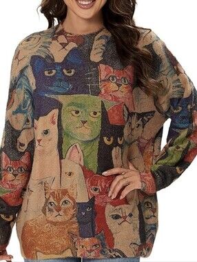 NWOT Cat Print Pullover Sweater - Multicolor
